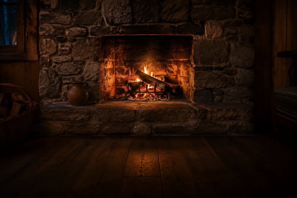 A warm stone fireplace