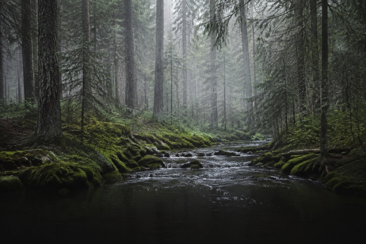 A stream winding through a quiet, misty forest