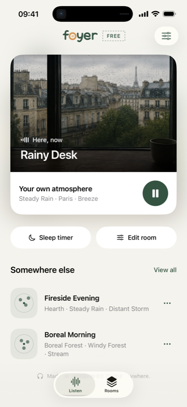 The new Foyer iPhone app, playing Rainy Desk