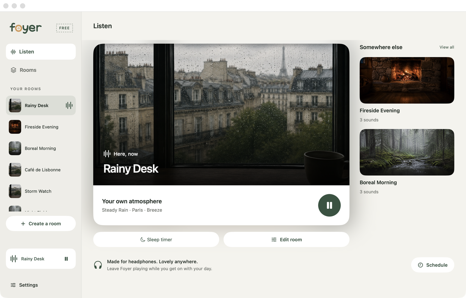 Foyer on Mac, playing Rainy Desk